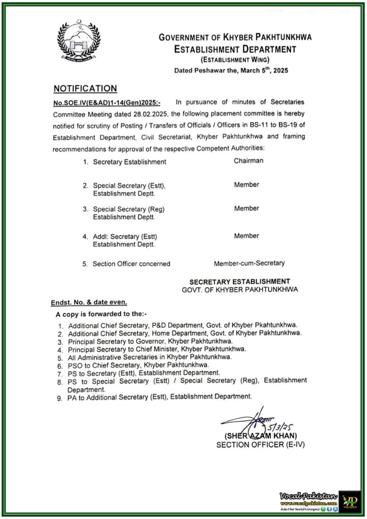 Khyber Pakhtunkhwa Government Issues Key Decisions on Governance & Service Delivery–Notification