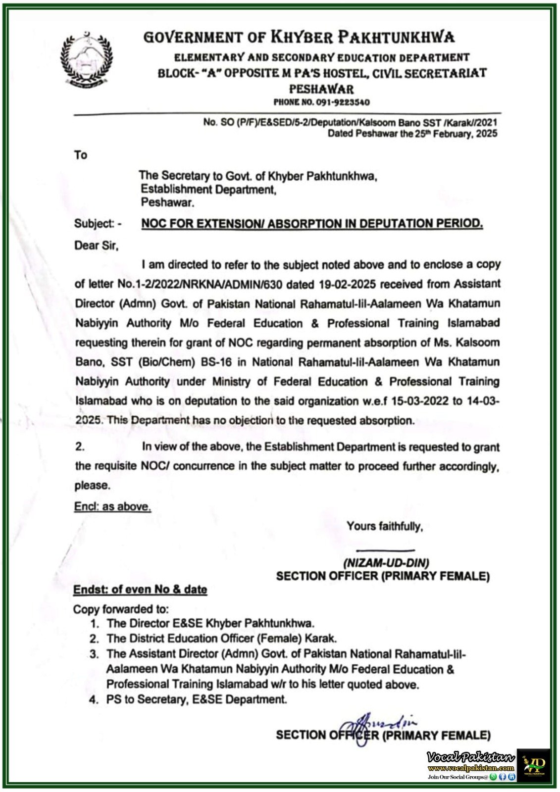 Khyber Pakhtunkhwa Government Issues NOC for Deputation Extension–Notification