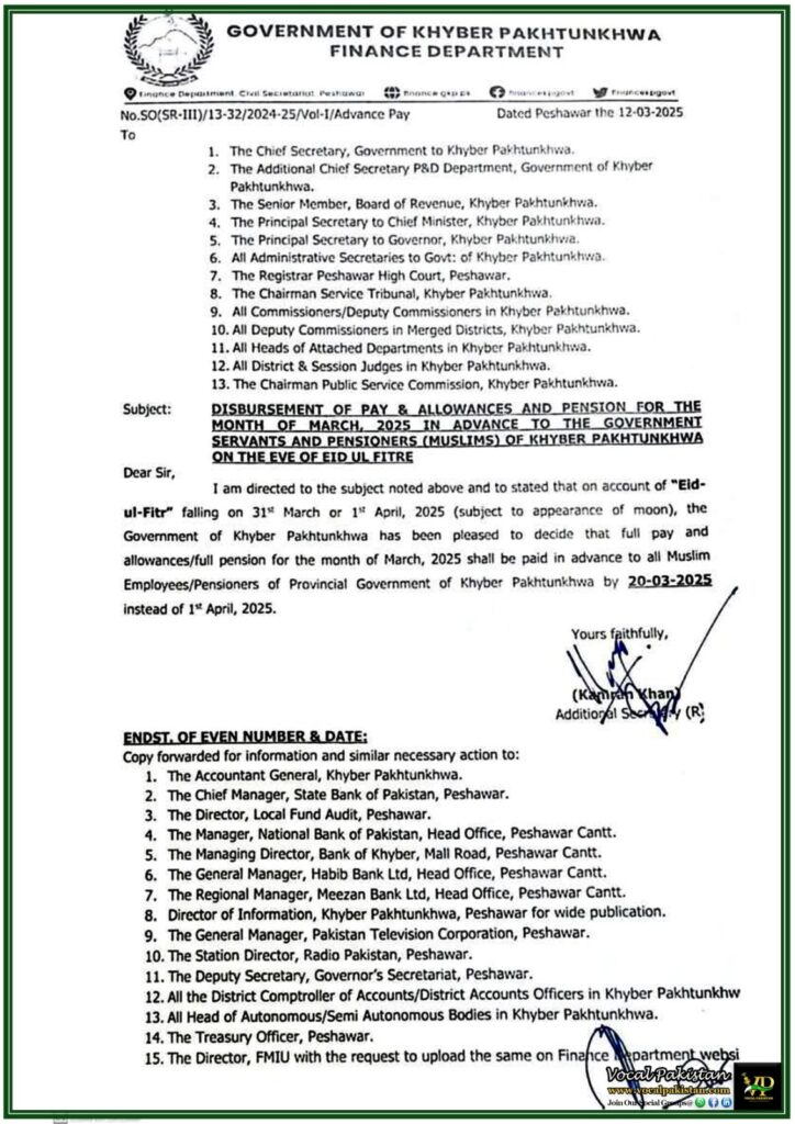 Khyber Pakhtunkhwa Government to Pay March Salaries & Pensions Before Eid-ul-Fitr–Official Notification