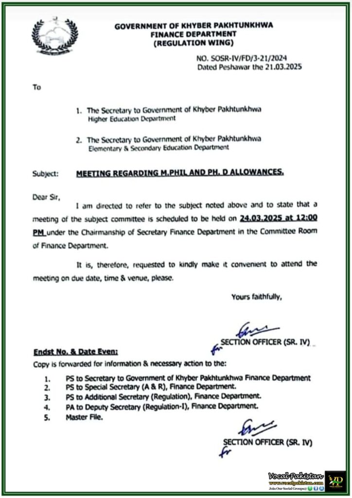 Khyber Pakhtunkhwa (KPK) Finance Department Announces Meeting on M.Phil & Ph.D. Allowances–Notification 8 Khyber Pakhtunkhwa (KPK) Finance Department Announces Meeting on M.Phil & Ph.D. Allowances–Notification