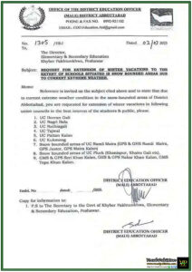 Khyber Pakhtunkhwa’s Snow-Affected Schools Await Decision on Winter Vacation Extension–Notification
