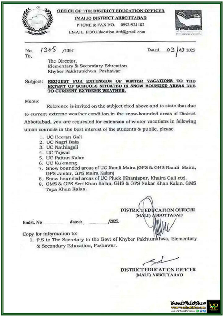 Khyber Pakhtunkhwa’s Snow-Affected Schools Await Decision on Winter Vacation Extension–Notification
