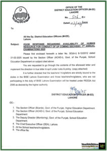 Lahore District Education Officer Issues Strict Orders for SSCHSSC Exam Duty Compliance