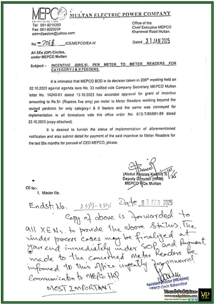 MEPCO Announces Rs. 5 Per Meter Incentive for Meter Readers–Official Notification Issued