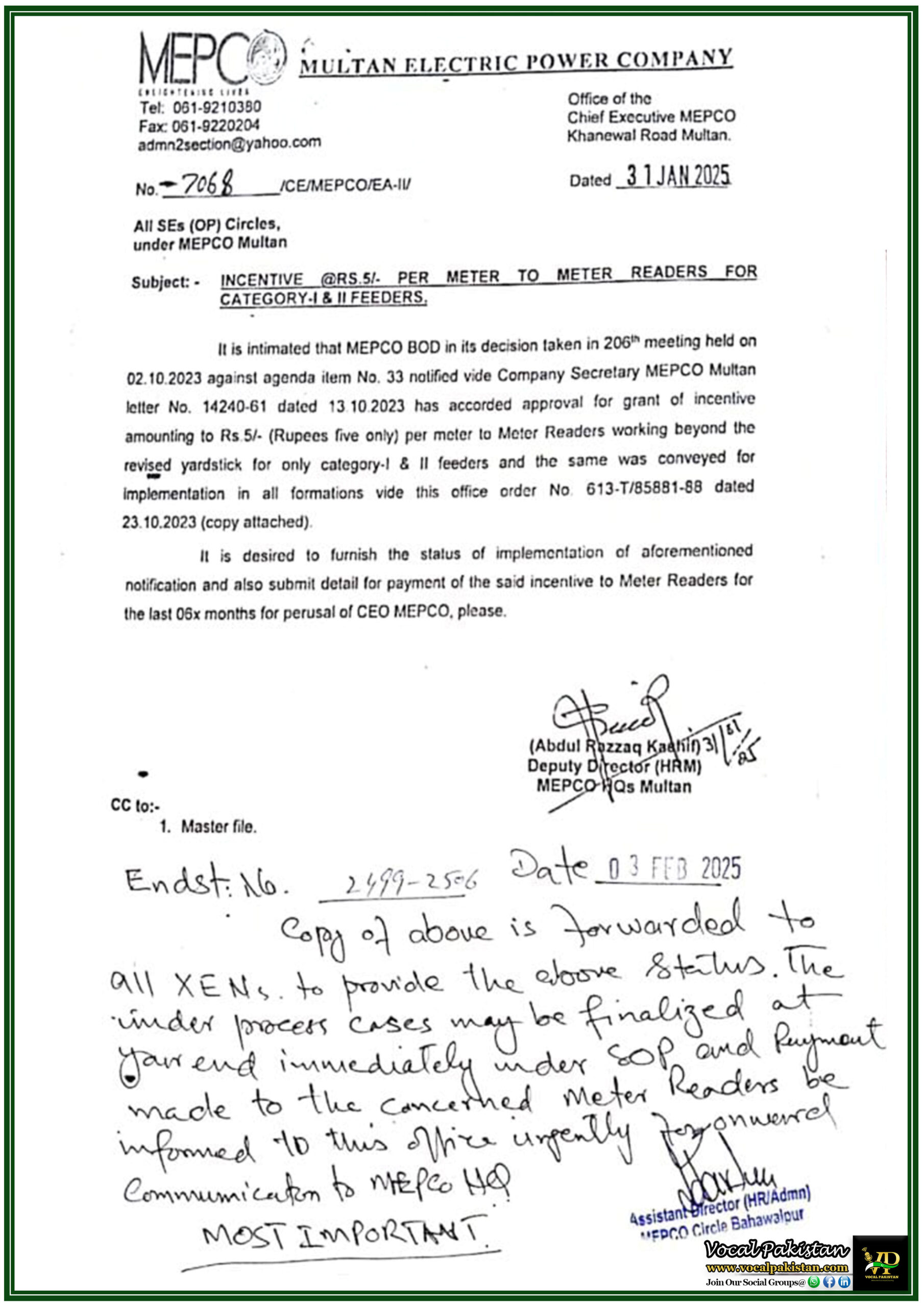 MEPCO Announces Rs. 5 Per Meter Incentive for Meter Readers–Official Notification Issued