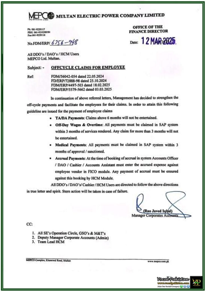 MEPCO Issues New Guidelines for Employee Claims & Off-Cycle Payments–Official Notification