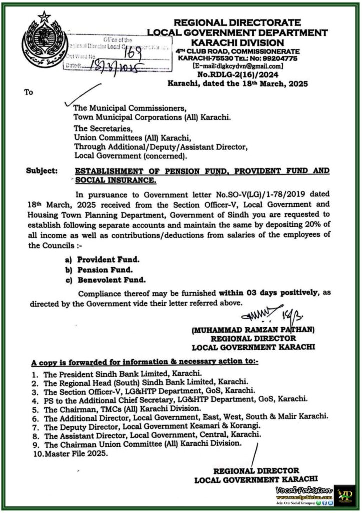 Mandatory 20% Salary Deduction for Pension & Provident Fund in Karachi’s Local Councils–Notification Issued 9 Mandatory 20% Salary Deduction for Pension & Provident Fund in Karachi’s Local Councils–Notification Issued