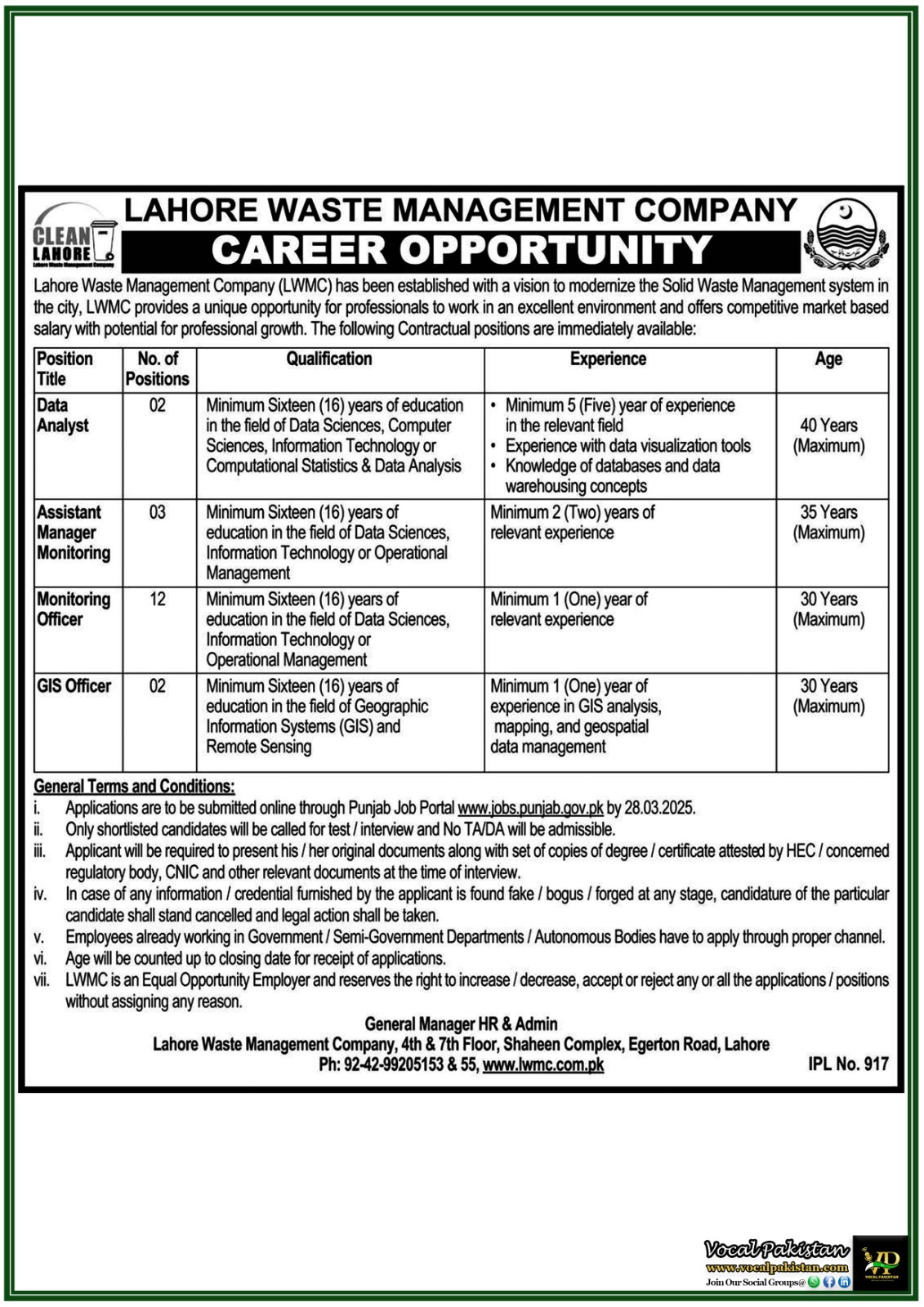 New Government Jobs Lahore Waste Management Company Announces Latest Government Jobs–Apply Now