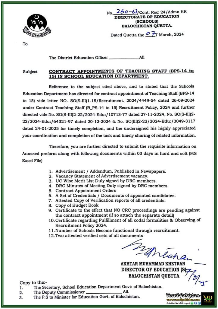New Hiring Policy-Balochistan Education Department Issues Contract Appointment for Teaching Staff Recruitment (BPS-14 to BPS-15)–Official Notification Inside