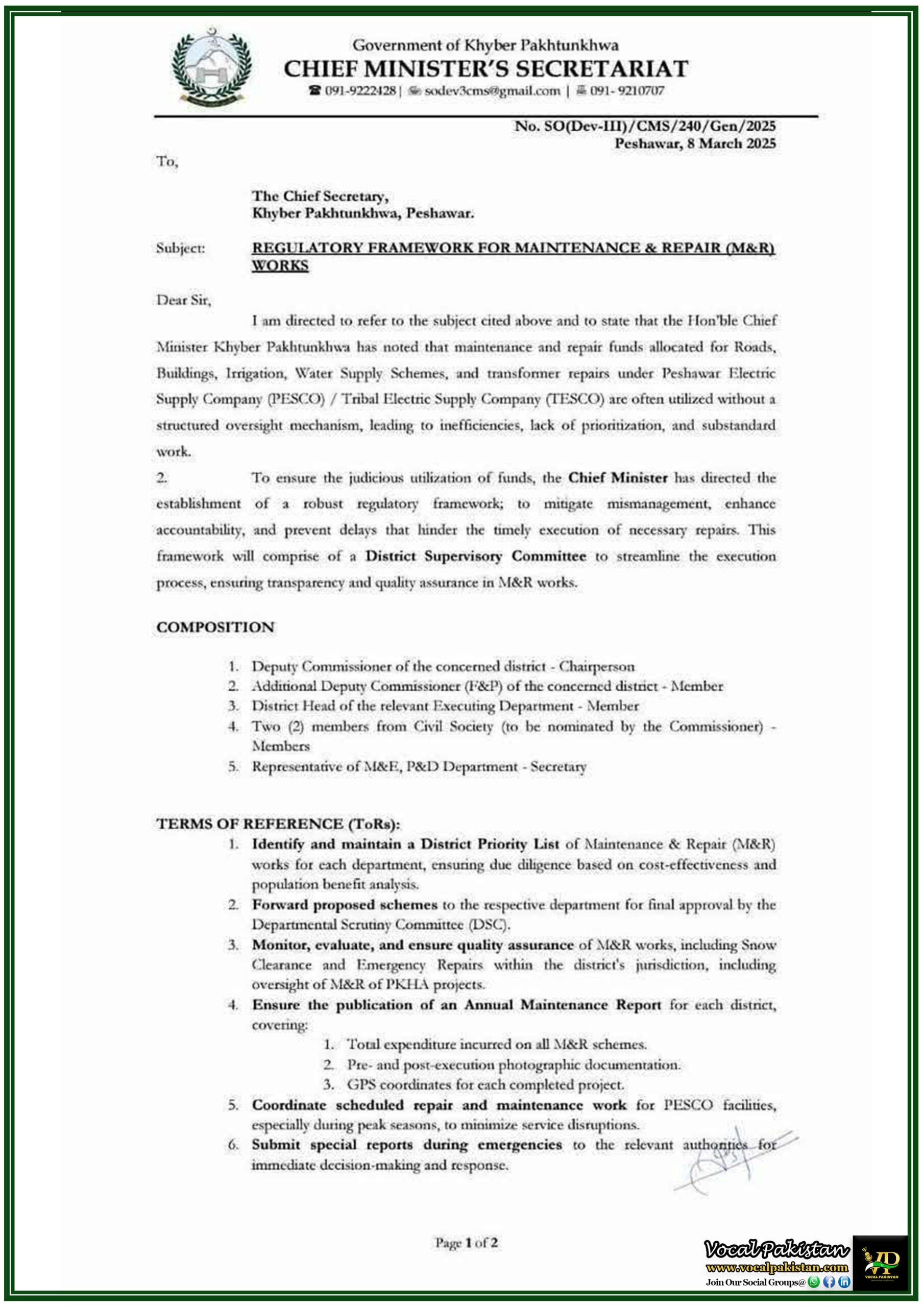 KPK 1 Official Chief Minister KPK Orders Strict Oversight for Maintenance & Repair Funds–Latest Notification