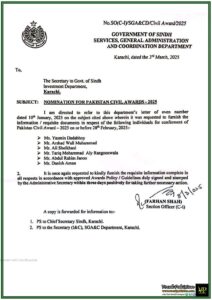 Pakistan Civil Awards 2025 Government of Sindh Calls for Final Nominations–Official Notification