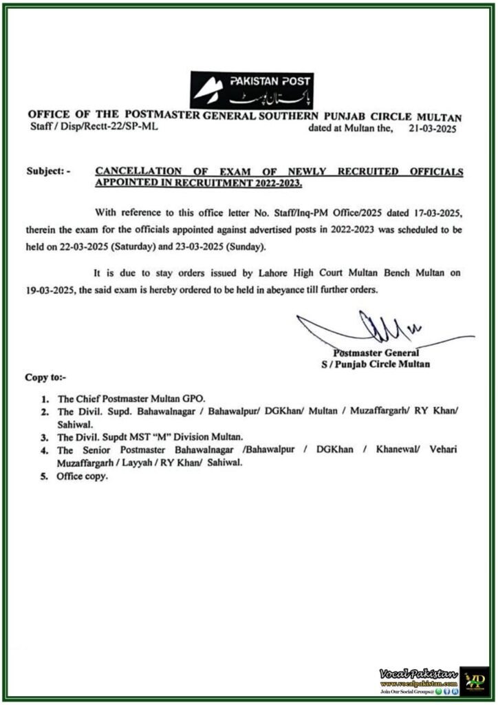 Pakistan Post Cancels Recruitment Exam for 2022-23 Appointments Due to Court Orders–Official Notification