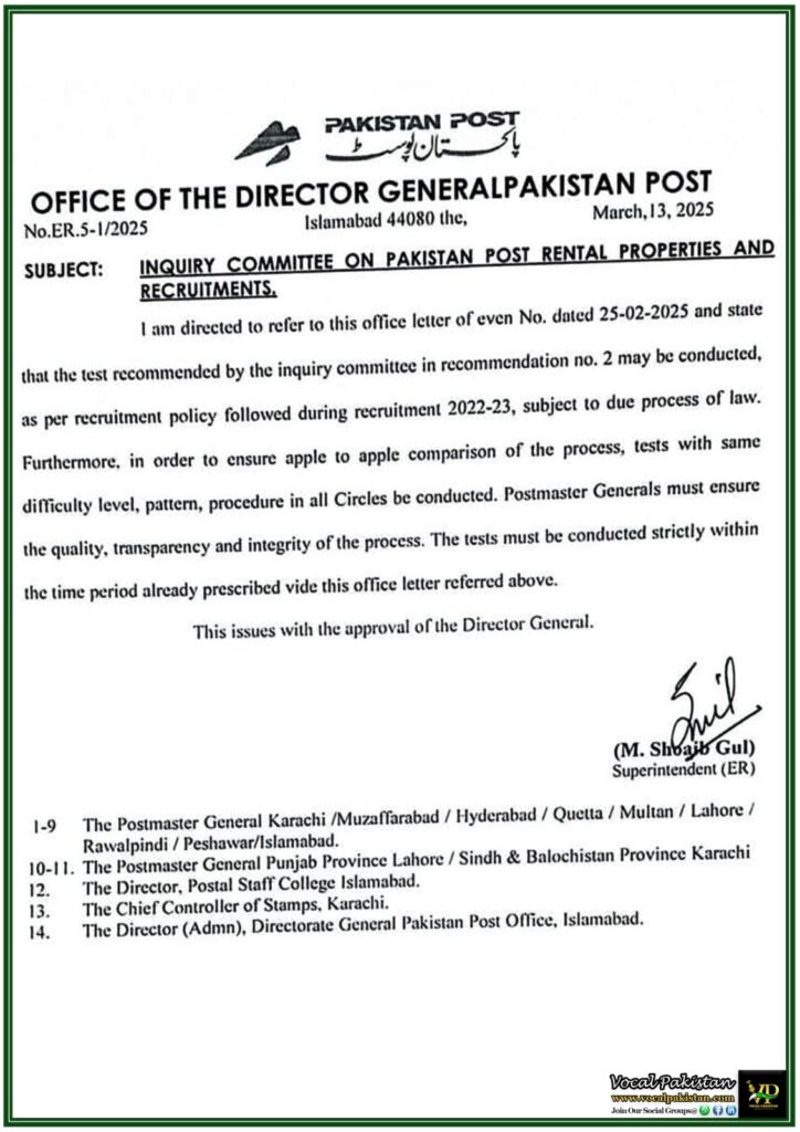 Pakistan Post Inquiry Committee Directs Uniform Recruitment Test Across All Circles–Official Notification