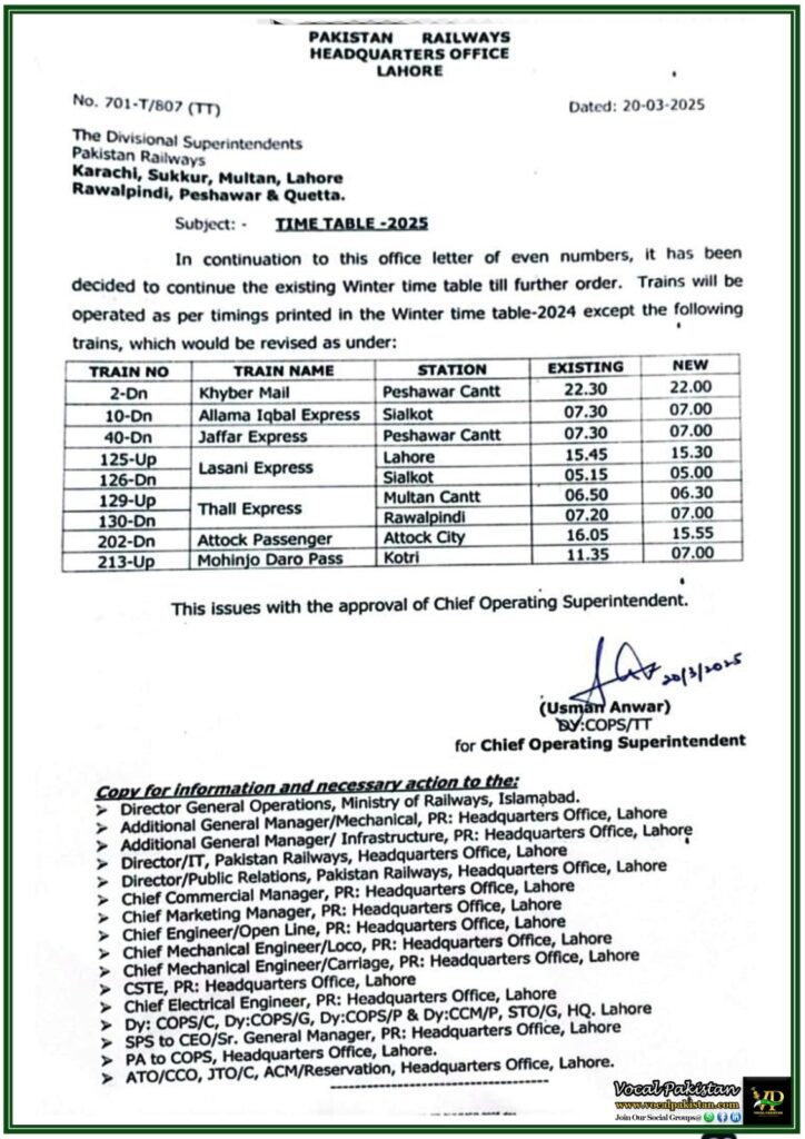 Pakistan Railways Winter Time Table 2025 Update–Official Notification Issued 2 Pakistan Railways Winter Time Table 2025 Update–Official Notification Issued