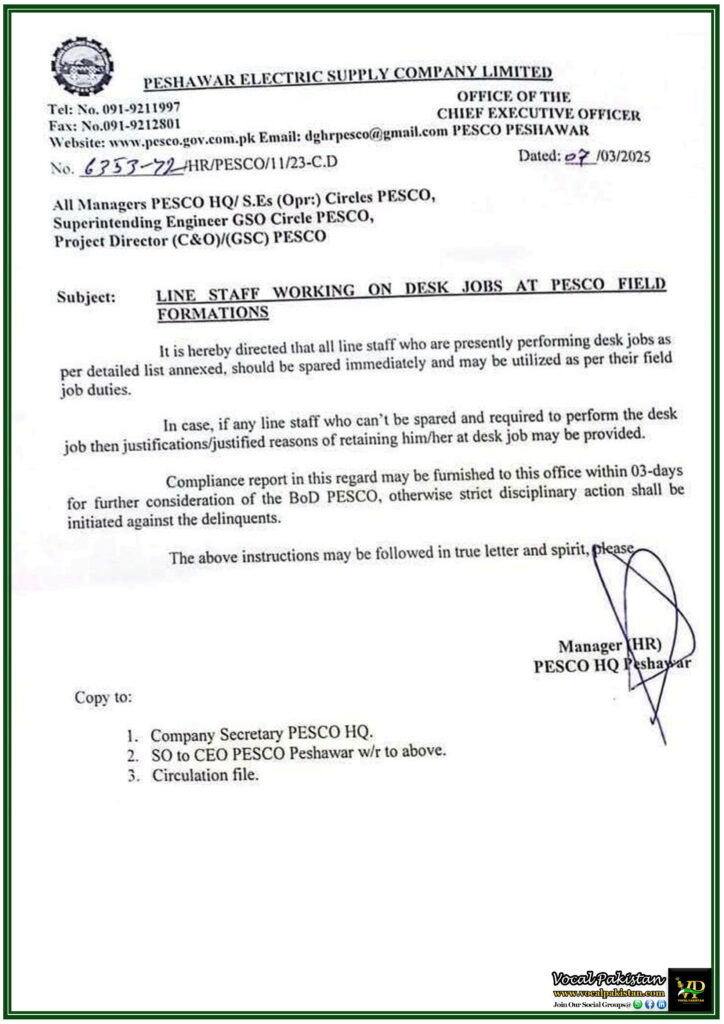 Peshawar Electric Supply Company (PESCO) Orders Line Staff to Resume Field Duties–Official Notification Issued 4 Peshawar Electric Supply Company (PESCO) Orders Line Staff to Resume Field Duties–Official Notification Issued
