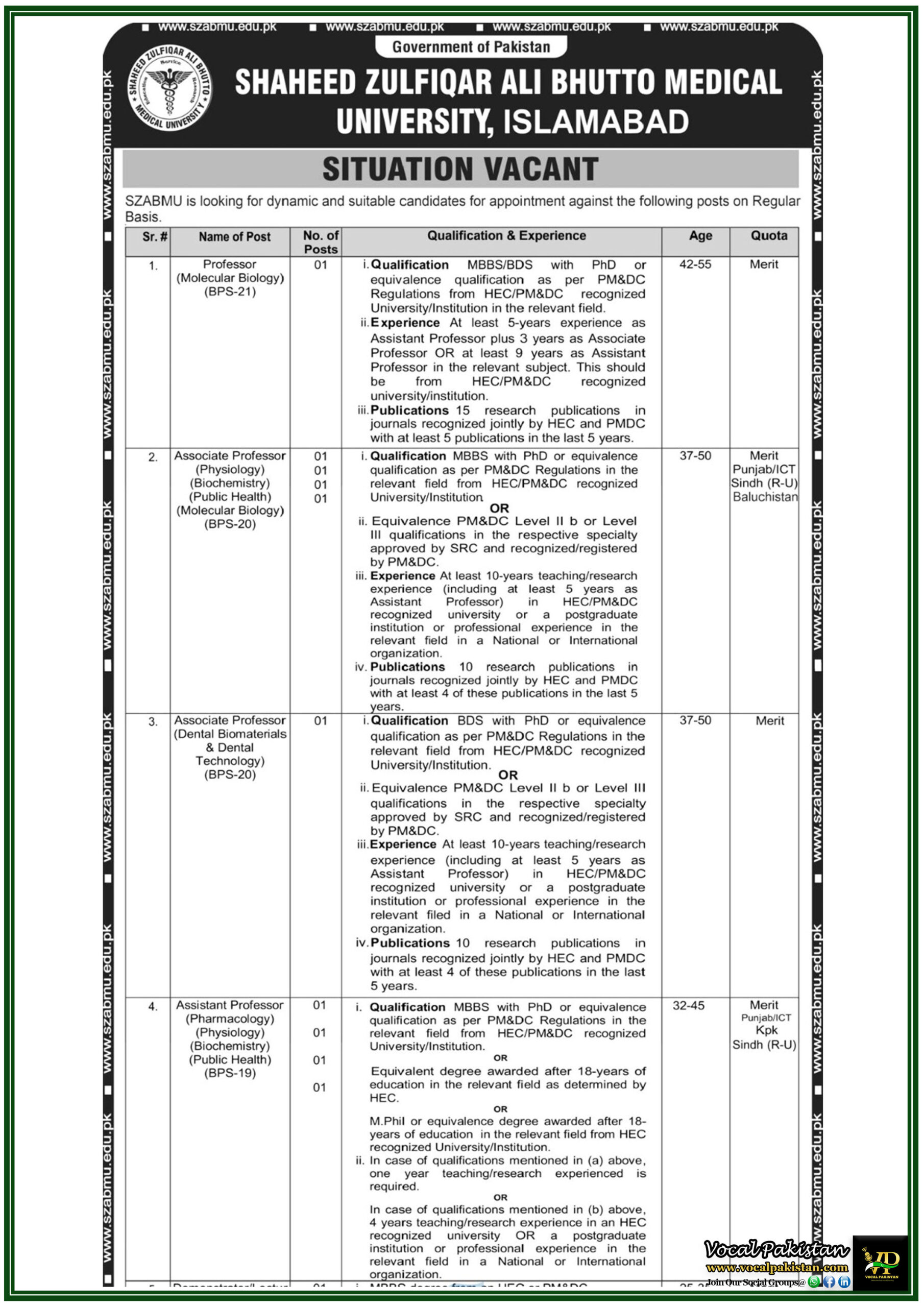 SPSC Jobs 5 Professors, Lecturers, Administrative Staff Required in Shaheed Zulfiqar Ali Bhutto Medical University–Apply Now