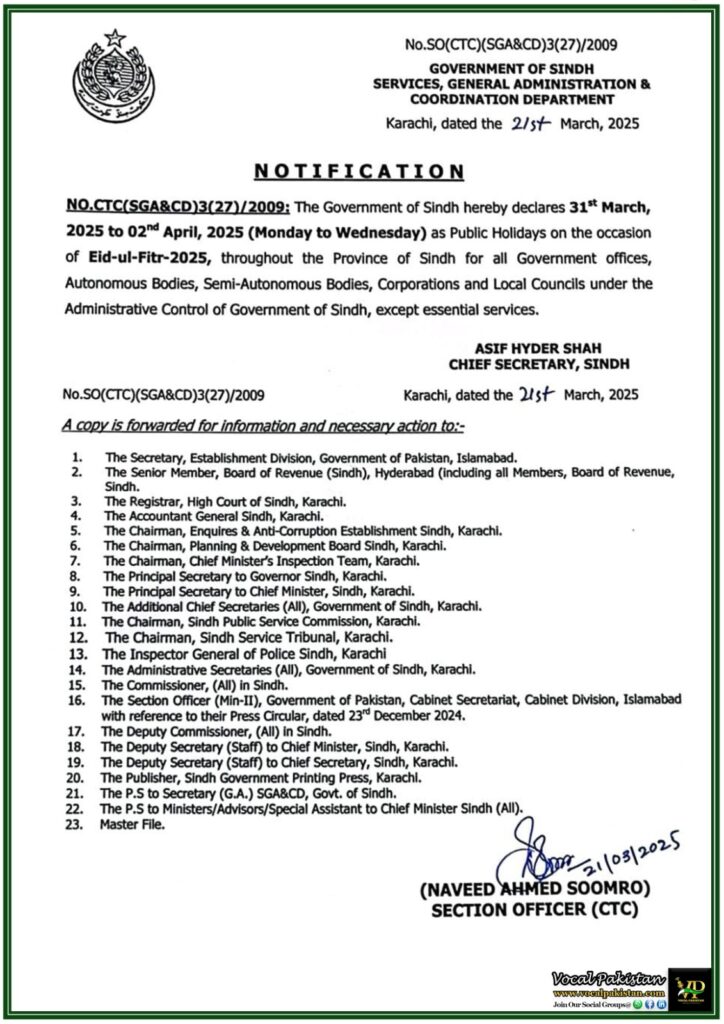Public Holidays Declared in Sindh for Eid 2025–Official Notification