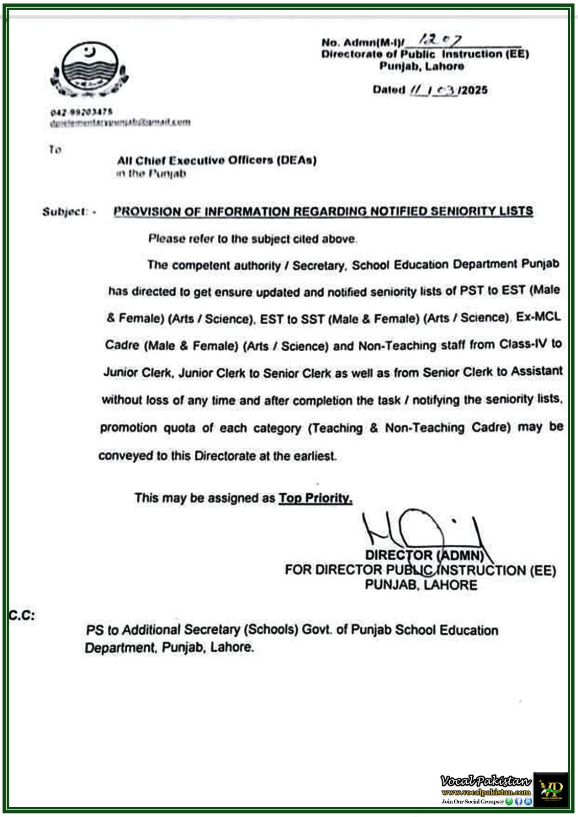 Punjab 8 Punjab Education Department Directs Immediate Update of Seniority Lists for Teaching & Non-Teaching Staff -Notification