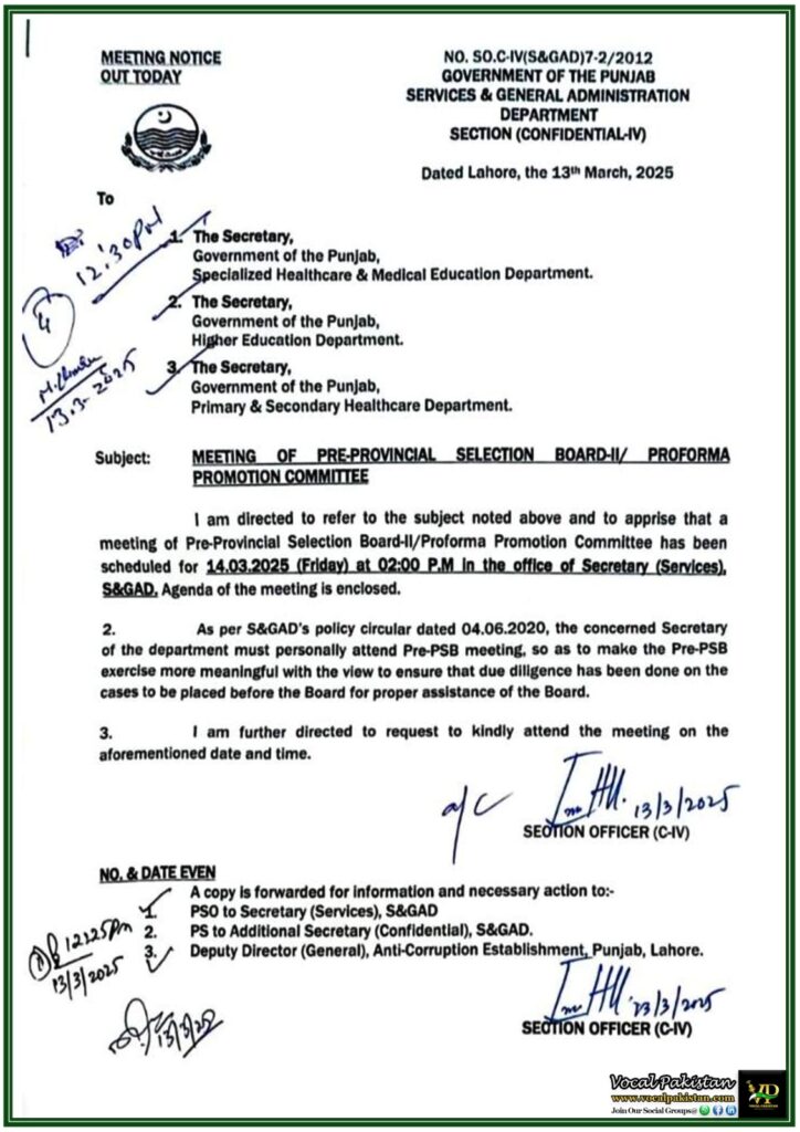 Punjab Government Announces Pre-Provincial Selection Board-II Meeting–Official Notification