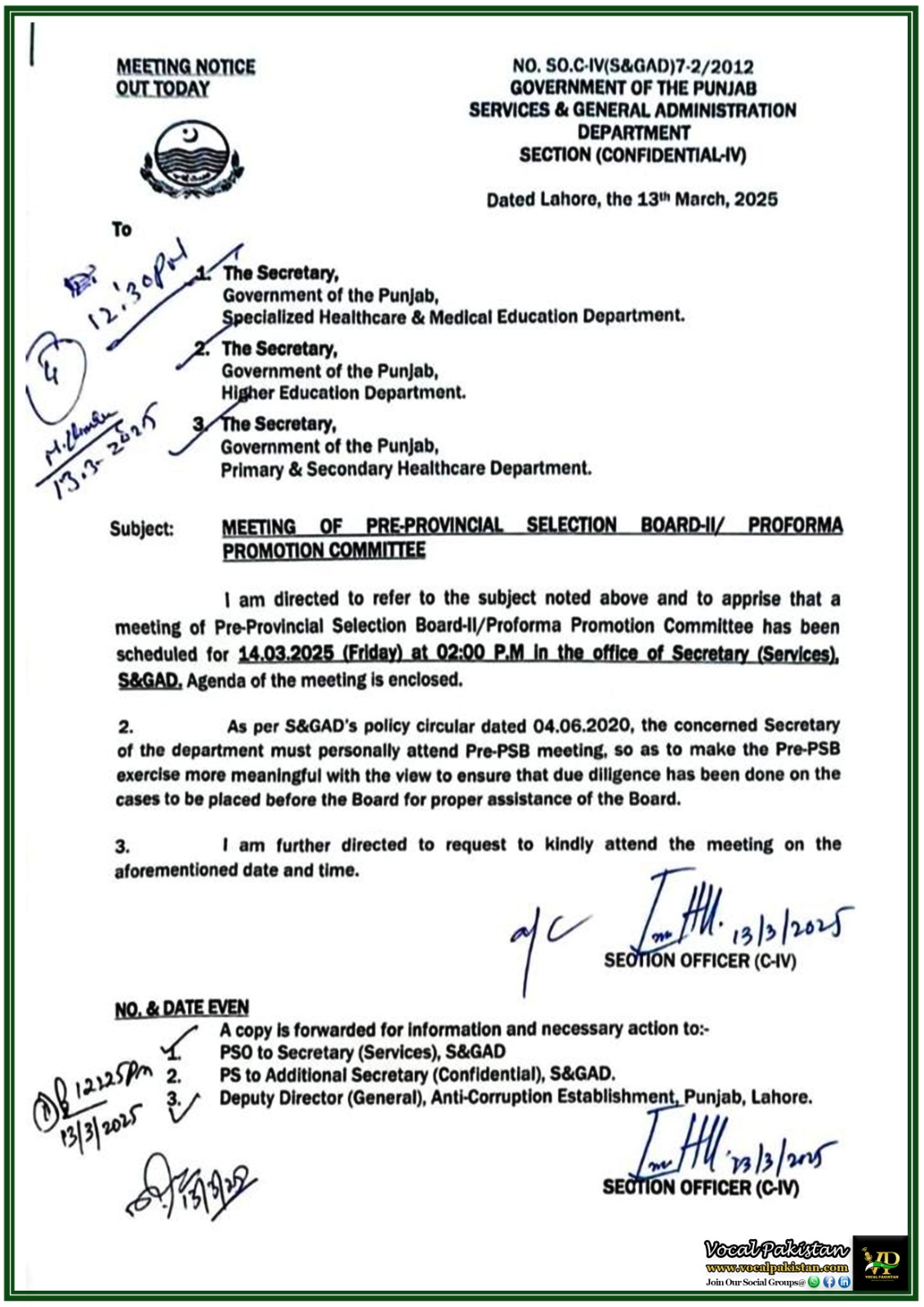 Punjab Government Announces Pre-Provincial Selection Board-II Meeting–Official Notification