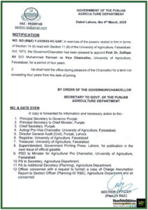 Punjab Government Appoints New Vice Chancellor for University of Agriculture, Faisalabad–Official Notification Issued