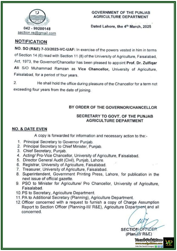 Punjab Government Appoints New Vice Chancellor for University of Agriculture, Faisalabad–Official Notification Issued