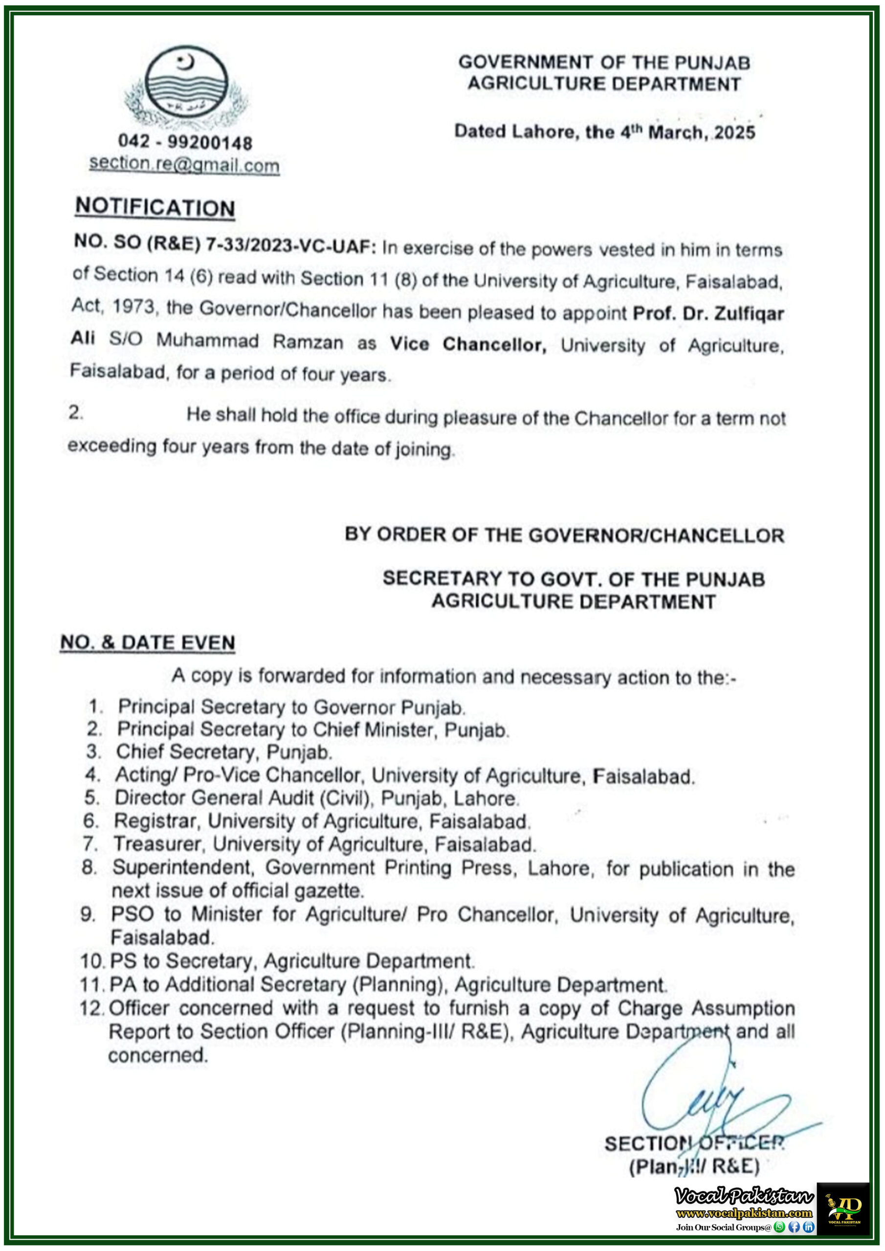 Punjab 7 Punjab Government Appoints New Vice Chancellor for University of Agriculture, Faisalabad–Official Notification Issued