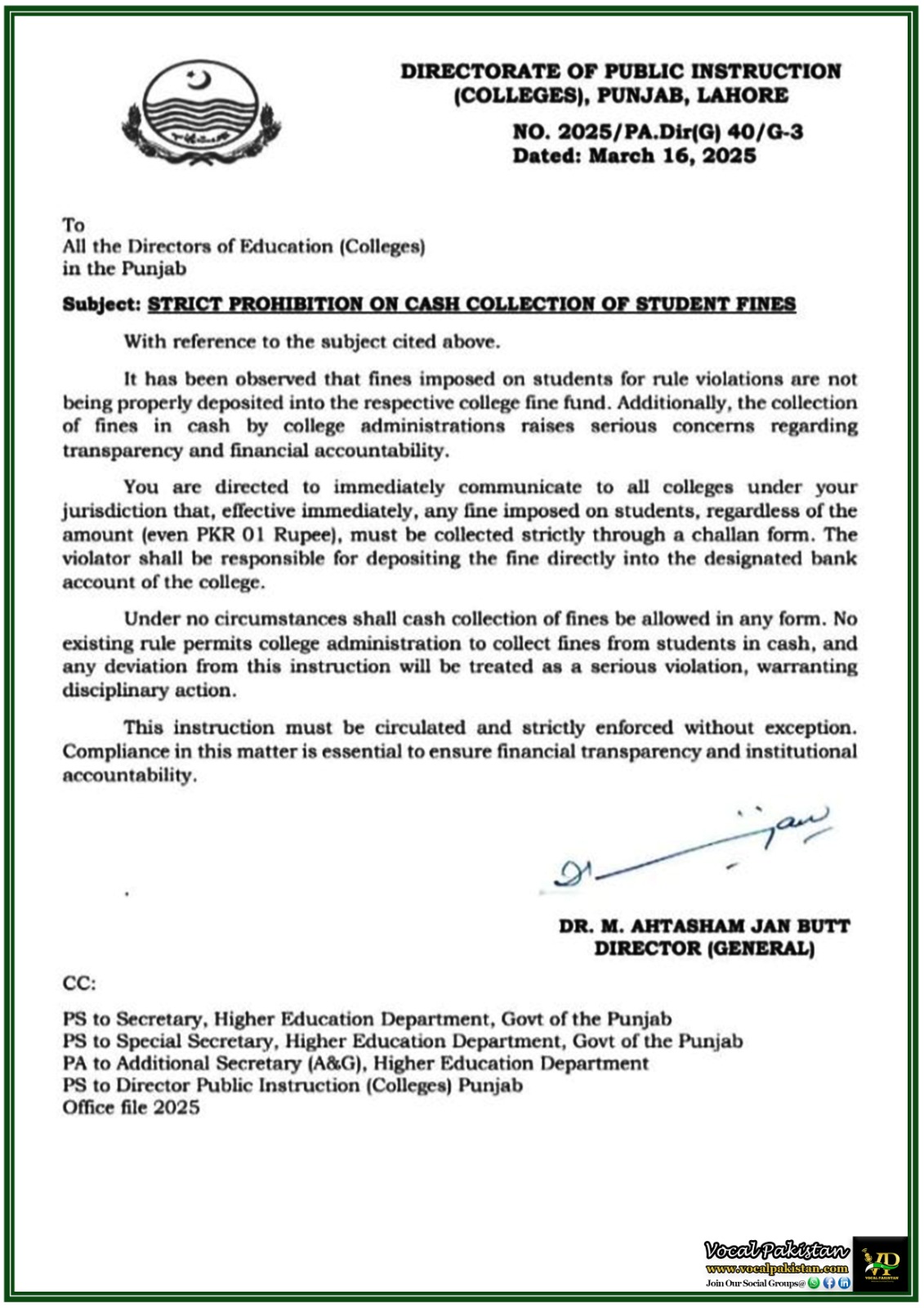 Punjab Government Bans Cash Collection of Student Fines in Colleges–Punjab Education Department’s Latest Order