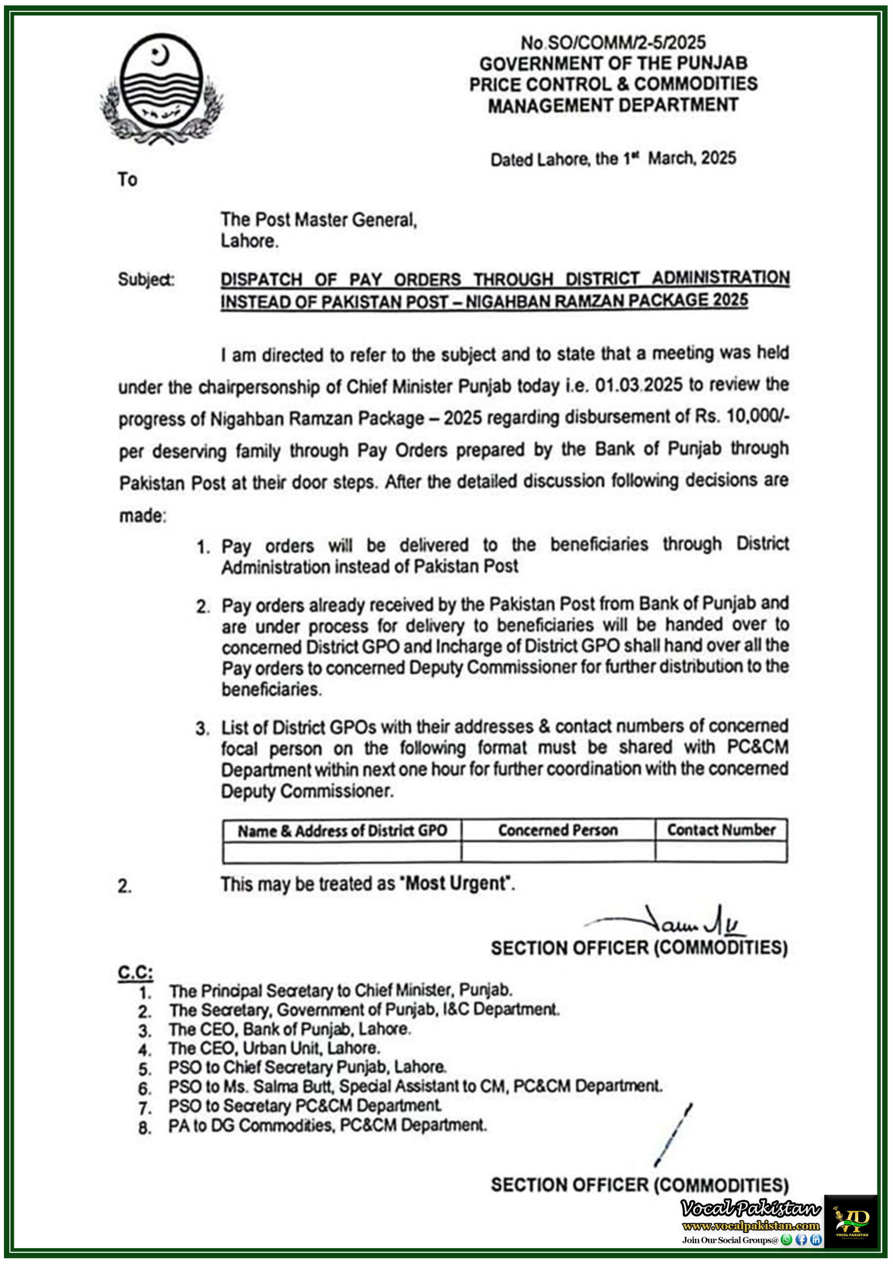 Punjab Government Changes Pay Order Delivery Method for Nigahban Ramzan Package 2025-Notification