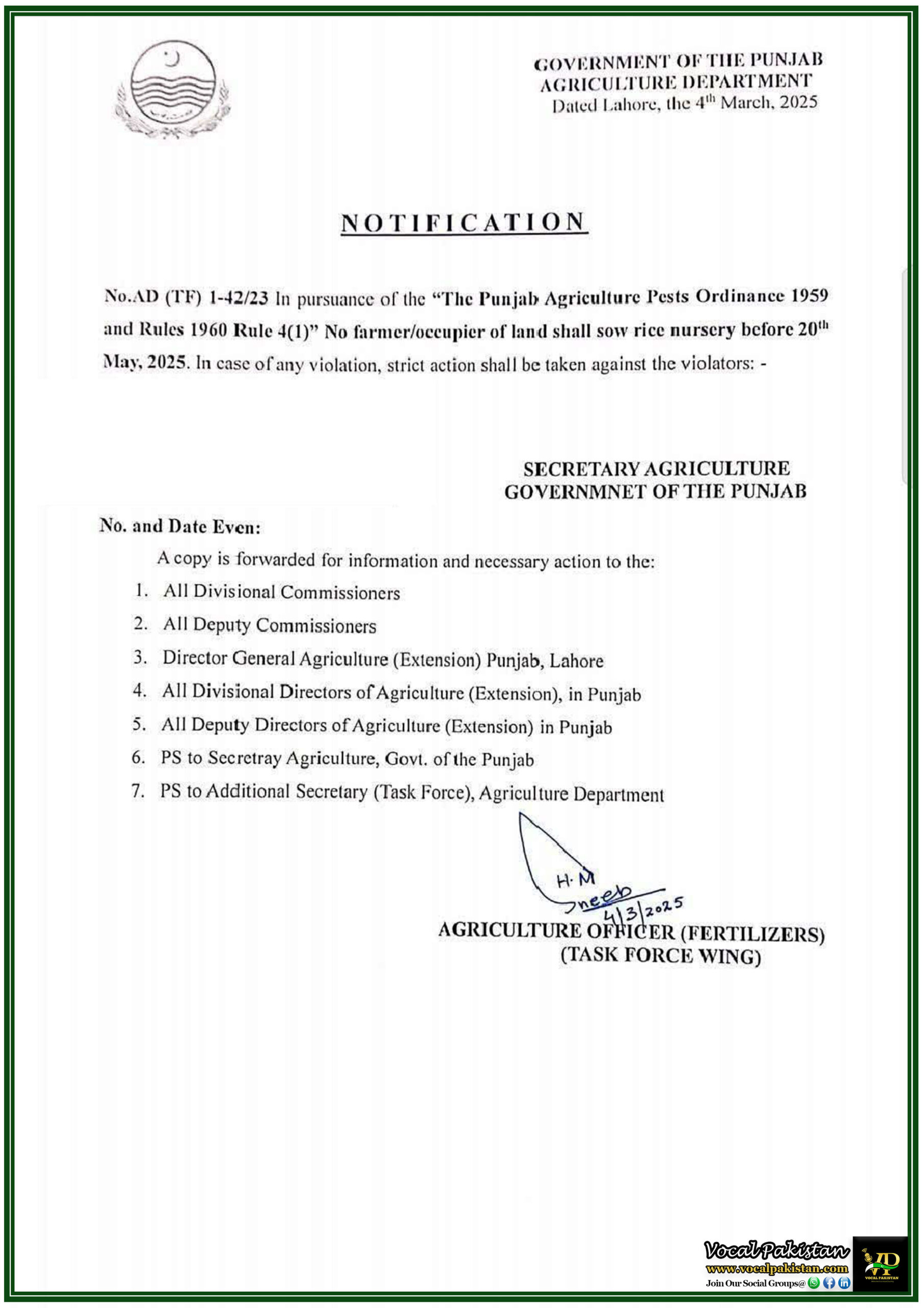 Punjab Government Issues Rice Sowing Deadline to Protect Crops-Notification