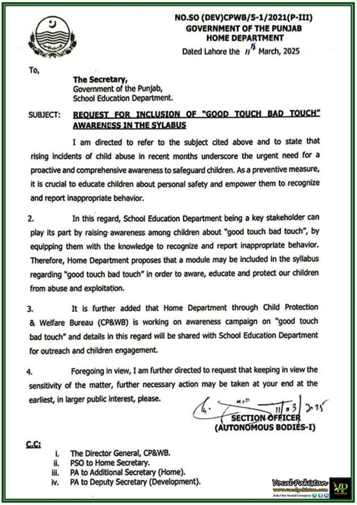 Punjab Government Proposes “Good Touch Bad Touch” Awareness in School Curriculum–Official Notification Issued