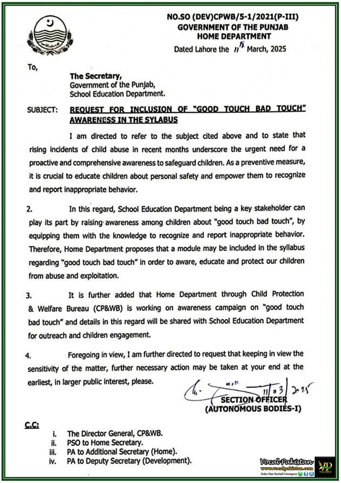 Punjab Government Proposes “Good Touch Bad Touch” Awareness in School Curriculum–Official Notification Issued