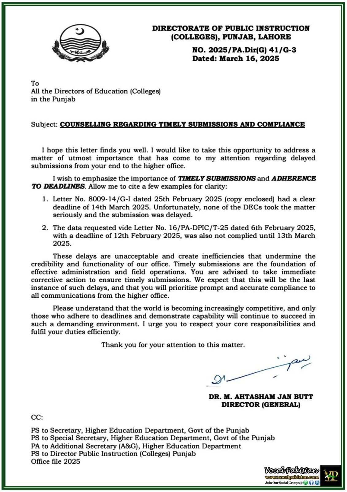 Punjab Government Urges College Directors to Ensure Timely Submissions–Higher Education Department Notification