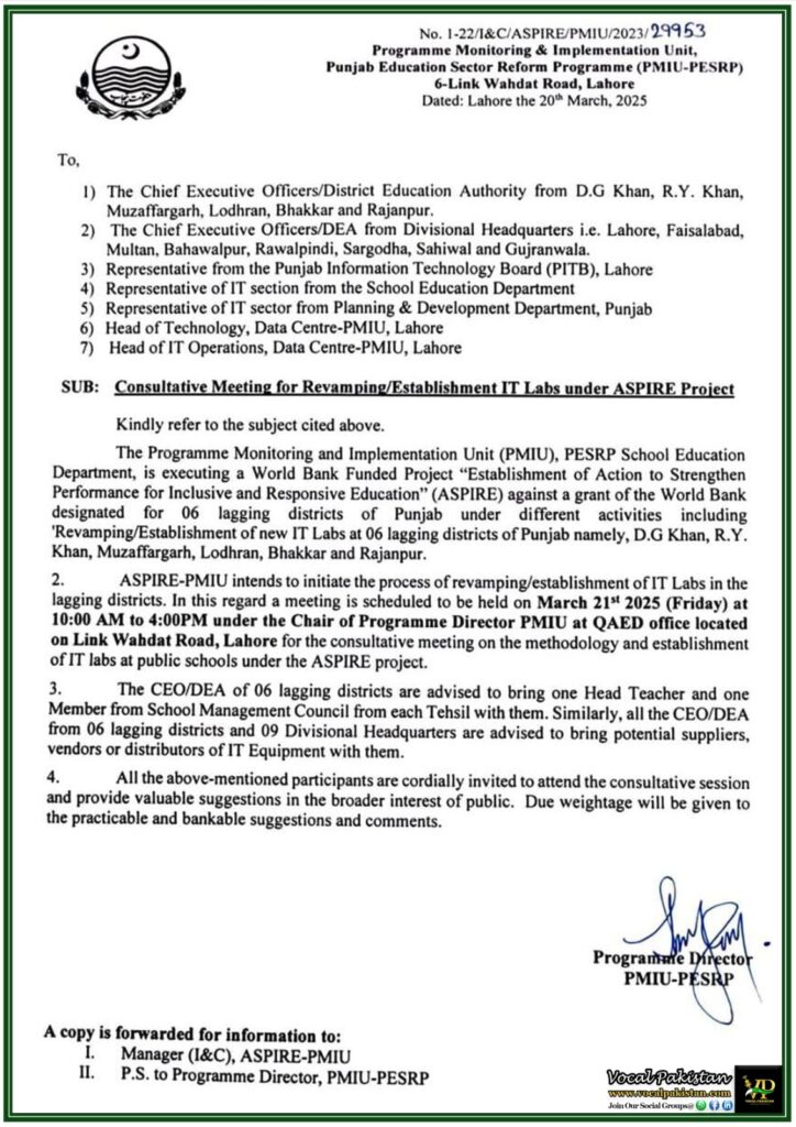 Punjab Government to Revamp IT Labs in 6 Lagging Districts Under ASPIRE Project–Notification
