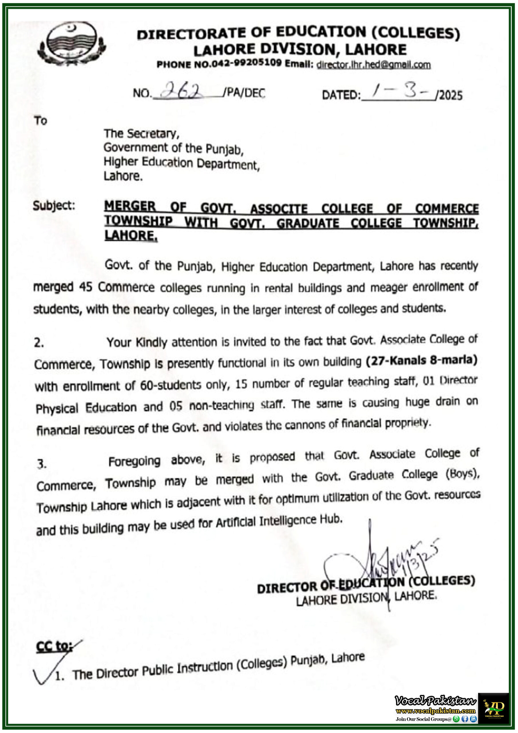 Punjab Higher Education Department Government Proposes Merger of Govt. Associate College of Commerce Township–Notification