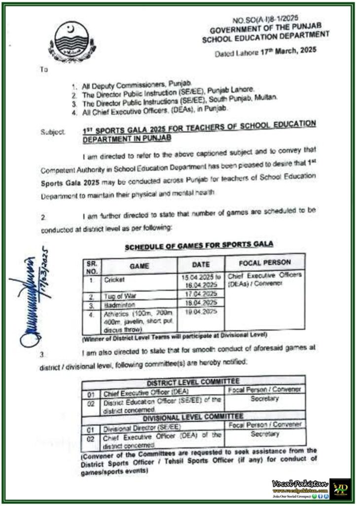 Punjab School Education Department Announces 1st Teachers' Sports Gala 2025–Notification