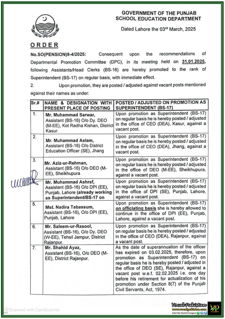 Punjab School Education Department Promotes Assistants to Superintendents (BS-17)–Official Notification Issued