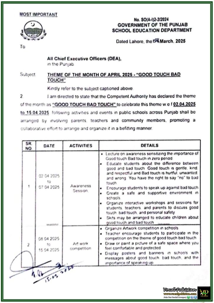 Punjab Schools Announce April 2025 “Good Touch Bad Touch” Awareness Month–Official Notification Issued 10 Punjab Schools Announce April 2025 “Good Touch Bad Touch” Awareness Month–Official Notification Issued