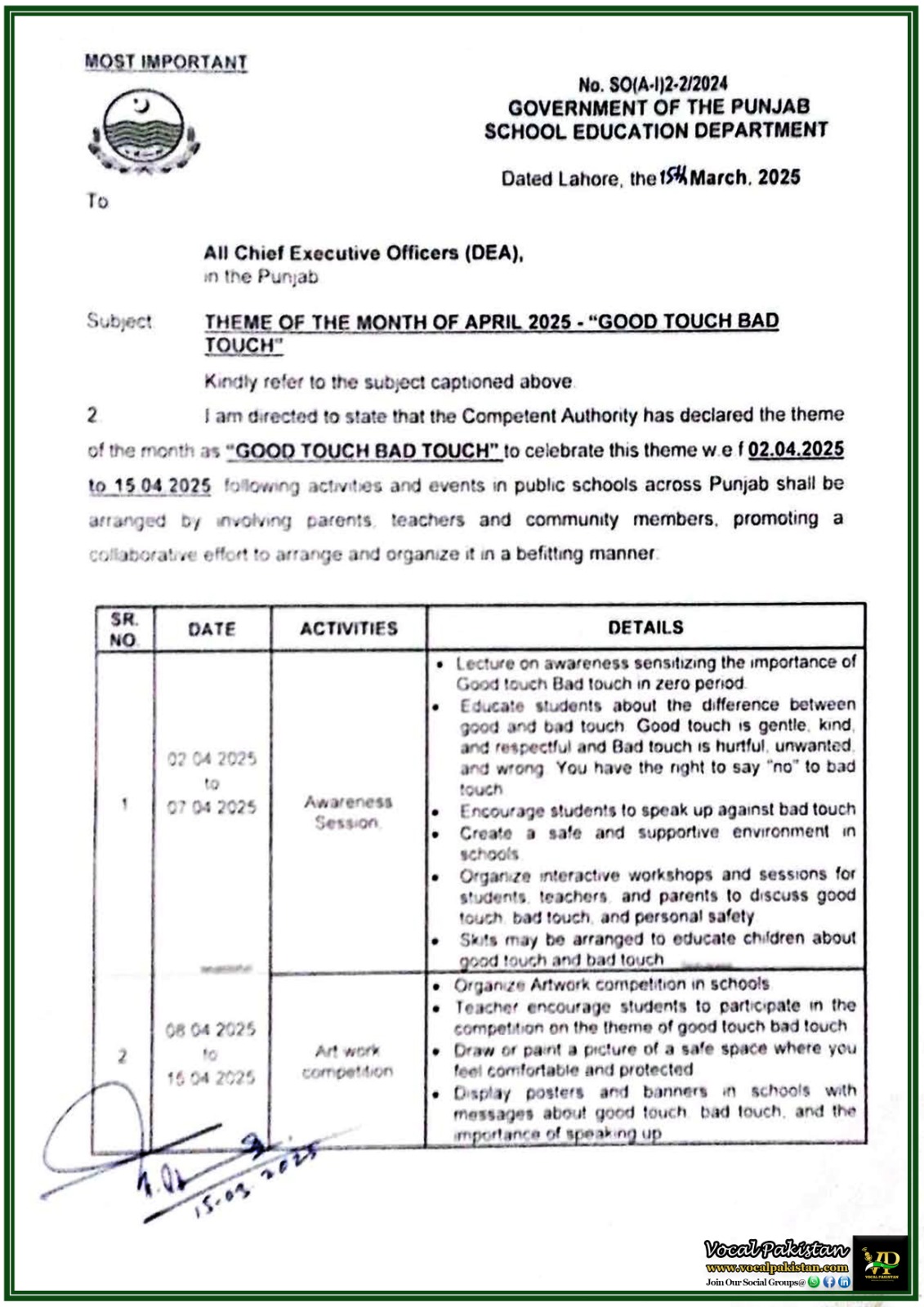 Punjab Schools Announce April 2025 “Good Touch Bad Touch” Awareness Month–Official Notification Issued
