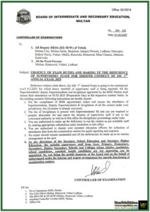 SSC 1st Annual Exam 2025 – Important Instructions for Examination Staff by BISE Multan