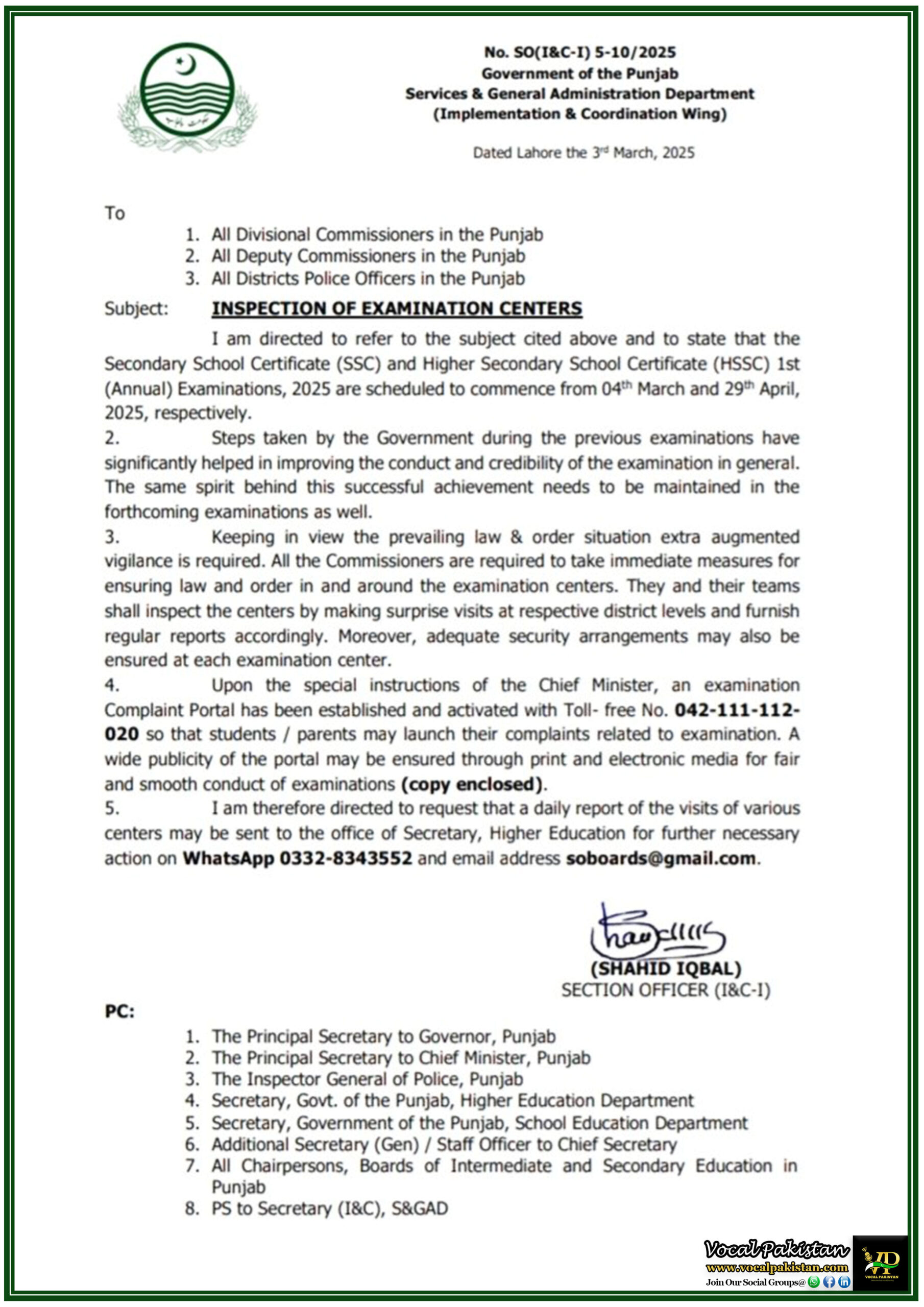 SSC & HSSC Exams 2025 Government of the Punjab Announces Security & Monitoring Plan–Notification