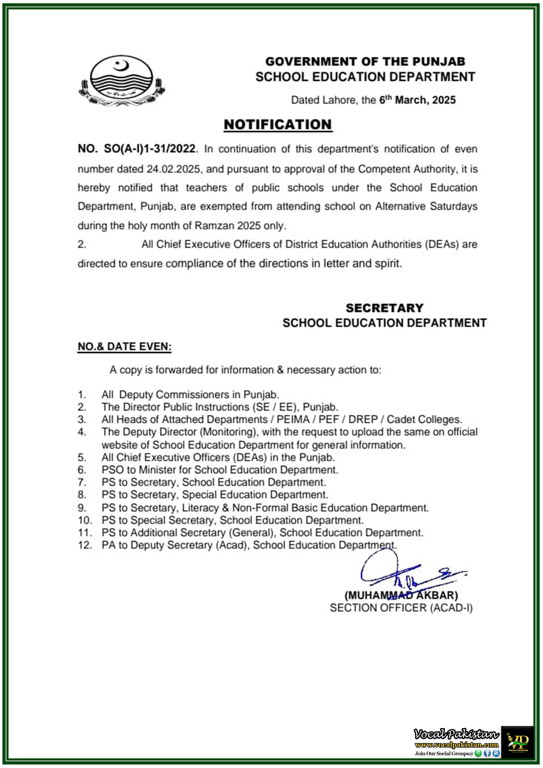 SPSC Jobs 9 School Education Department Punjab Exempts Public School Teachers from Alternative Saturday Duties in Ramadan–Notification
