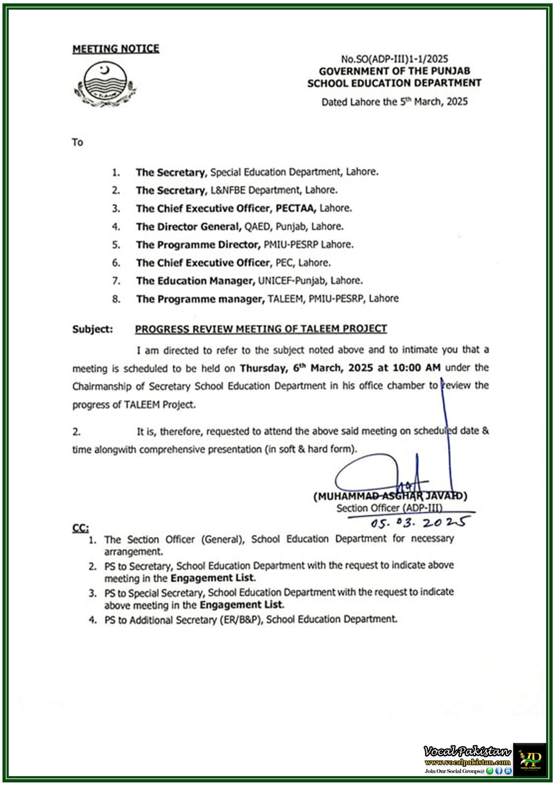 Punjab 5 School Education Department Punjab Issues Meeting Notice for TALEEM Project–Notification