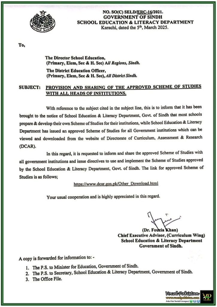 School Education & Literacy Department Sindh Directs Schools to Follow Approved Scheme of Studies–Official Notification