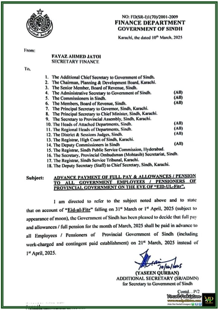 Sindh Government Announces Advance Salary & Pension for Eid-ul-Fitr–Official Notification