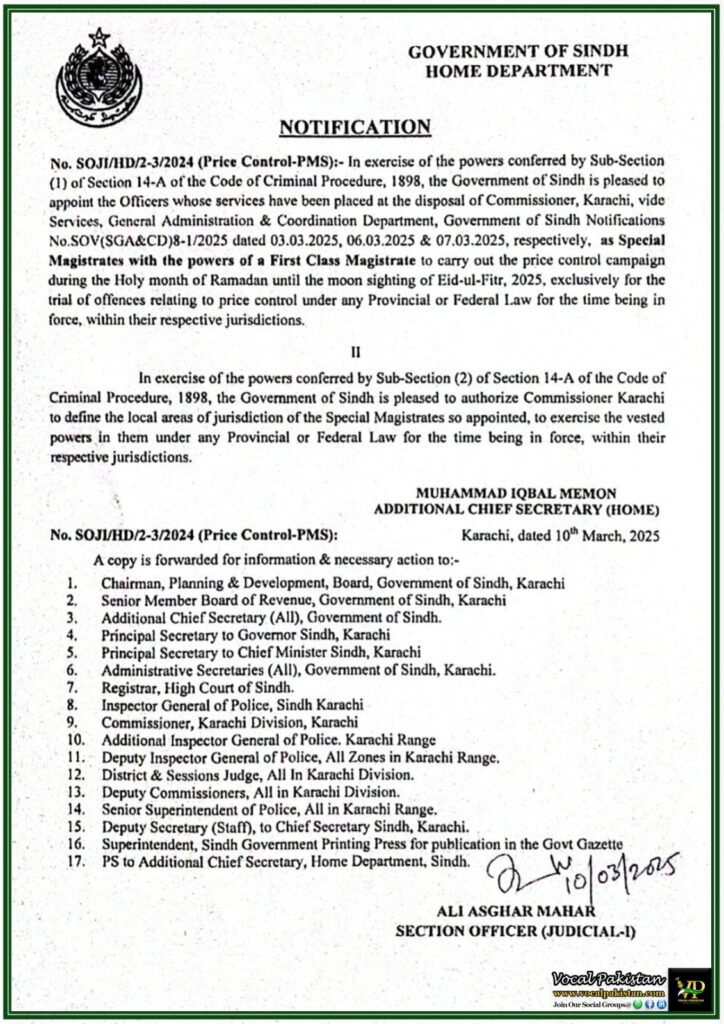Sindh Government Appoints Special Magistrates for Price Control During Ramadan–Notification