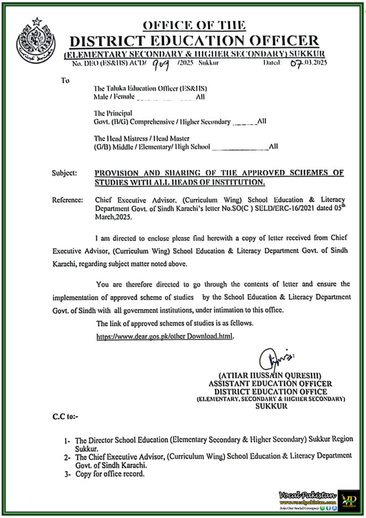 Sindh Government Directs Schools to Implement Approved Schemes of Studies–Official Notification