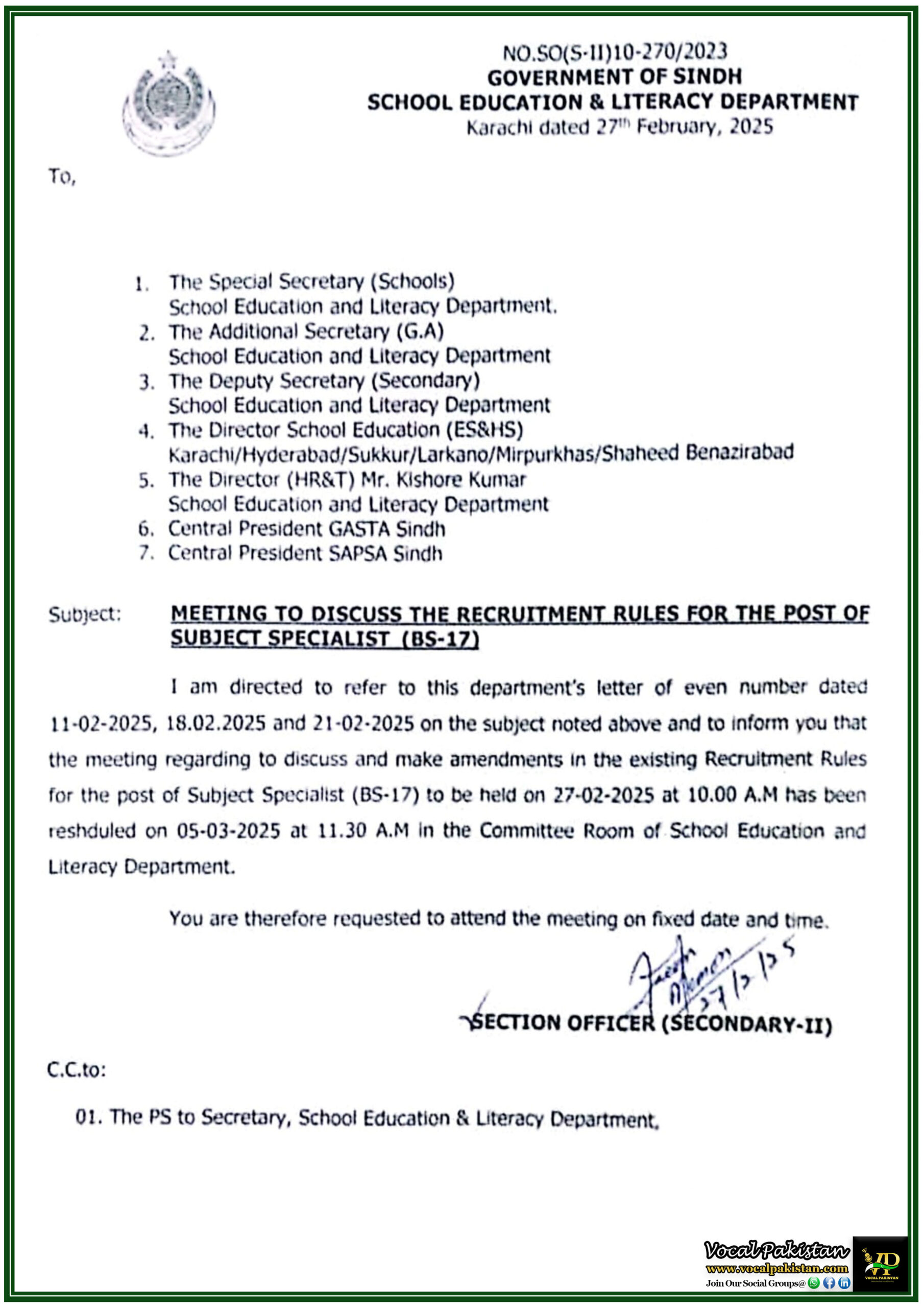 Sindh Government Reschedules Key Meeting on Subject Specialist Recruitment Rules–Official Notification Issued