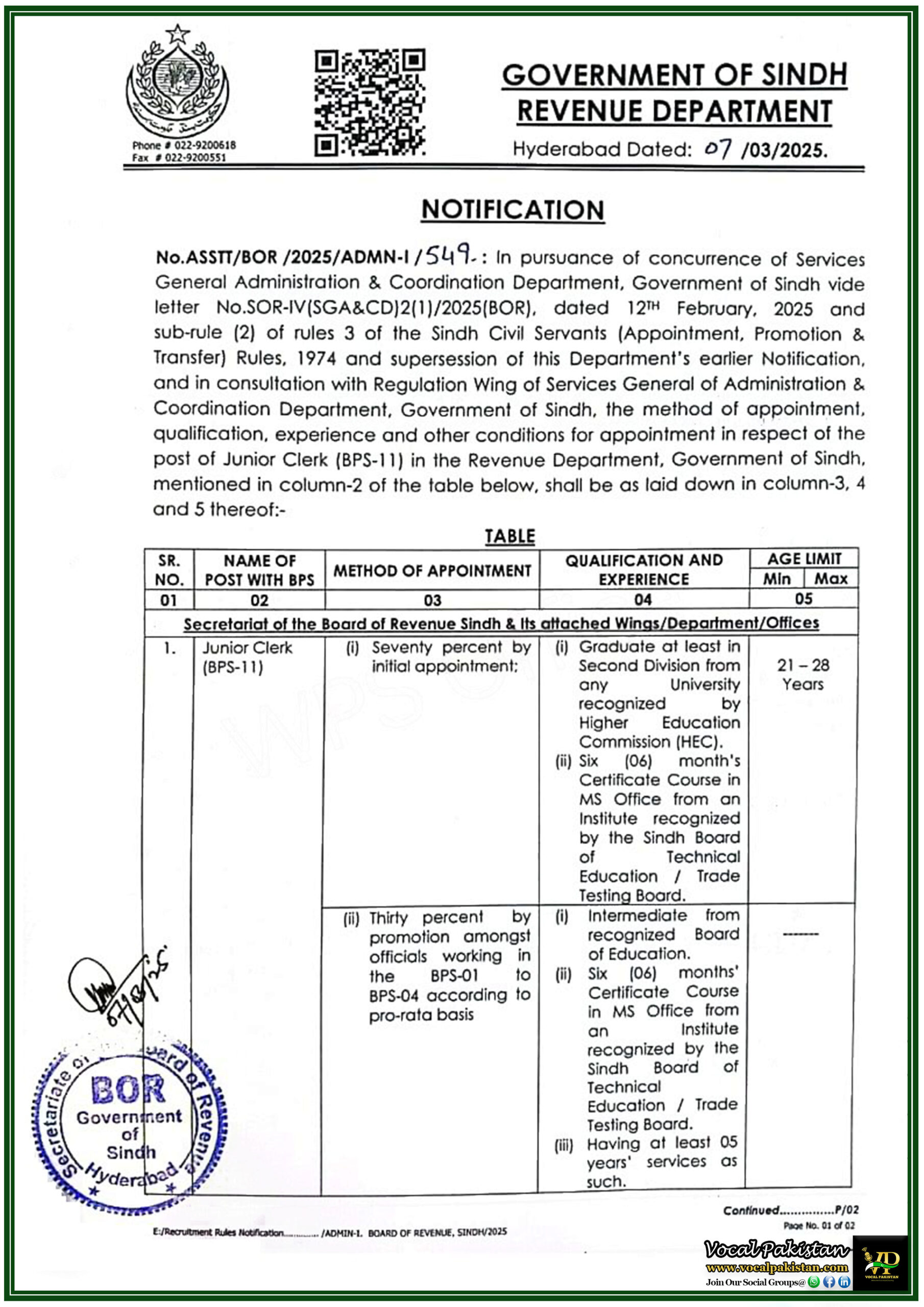 Sindh 10 Sindh Government Revises Eligibility & Appointment Rules for Junior Clerks in Sindh Revenue Department–Official Notification Issued