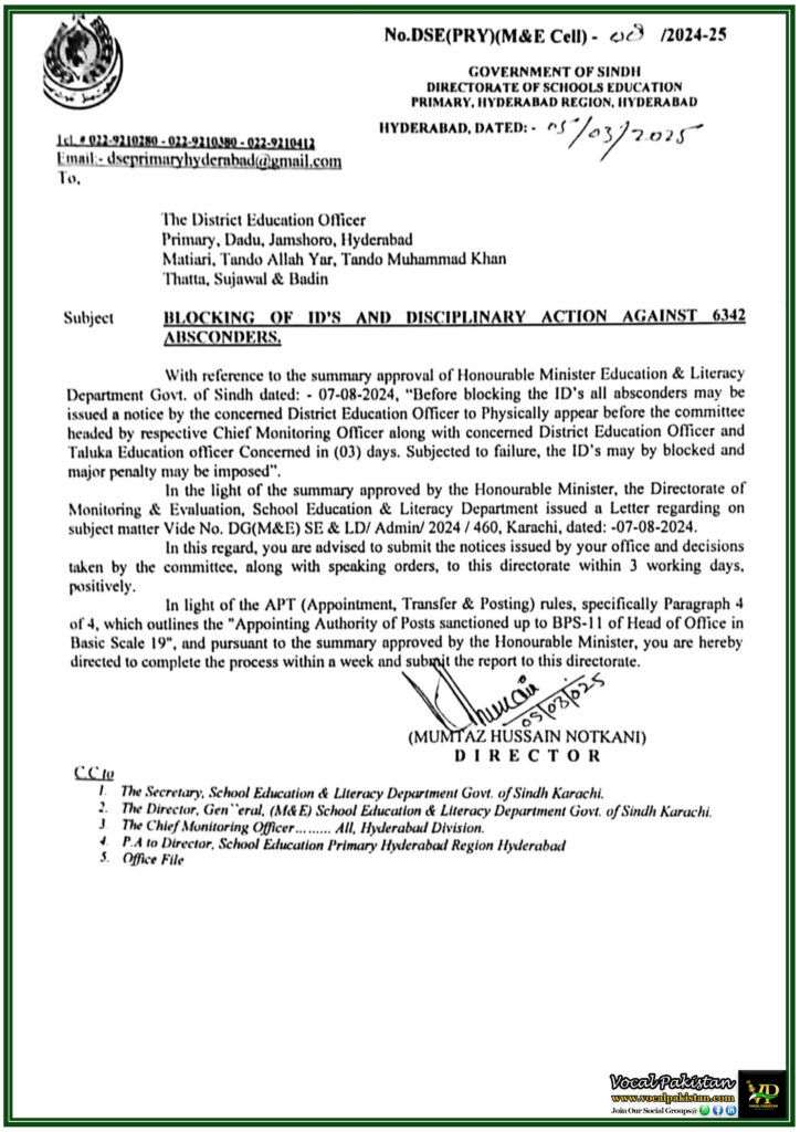 Sindh Government to Block IDs of 6,342 Absconding Teachers–Official Notification Released 7 Sindh Government to Block IDs of 6,342 Absconding Teachers–Official Notification Released